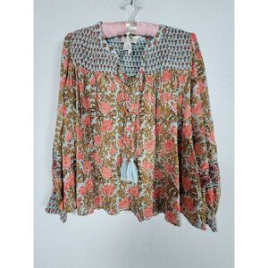 Rachel Zoe Women Floral Boho Peasant Blouse Small Blue/Orange Cotton Long-Sleeve